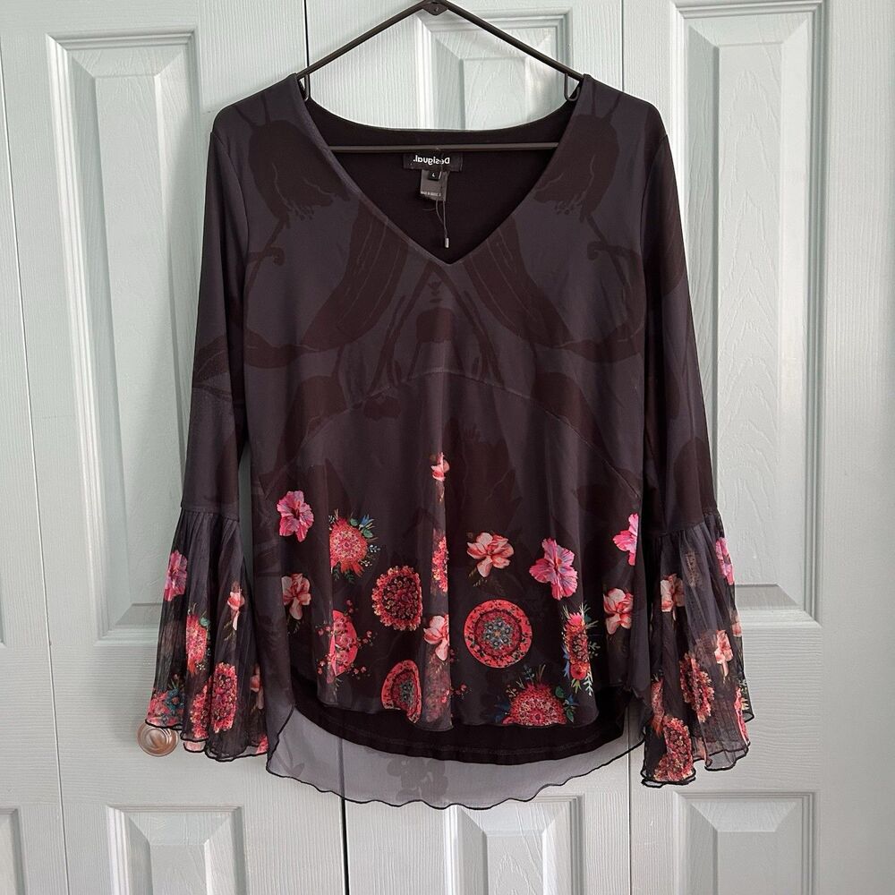 Desigual Womens Witchy Dark Romantic Bell‎ Sleeve Blouse Large Long Sleeve